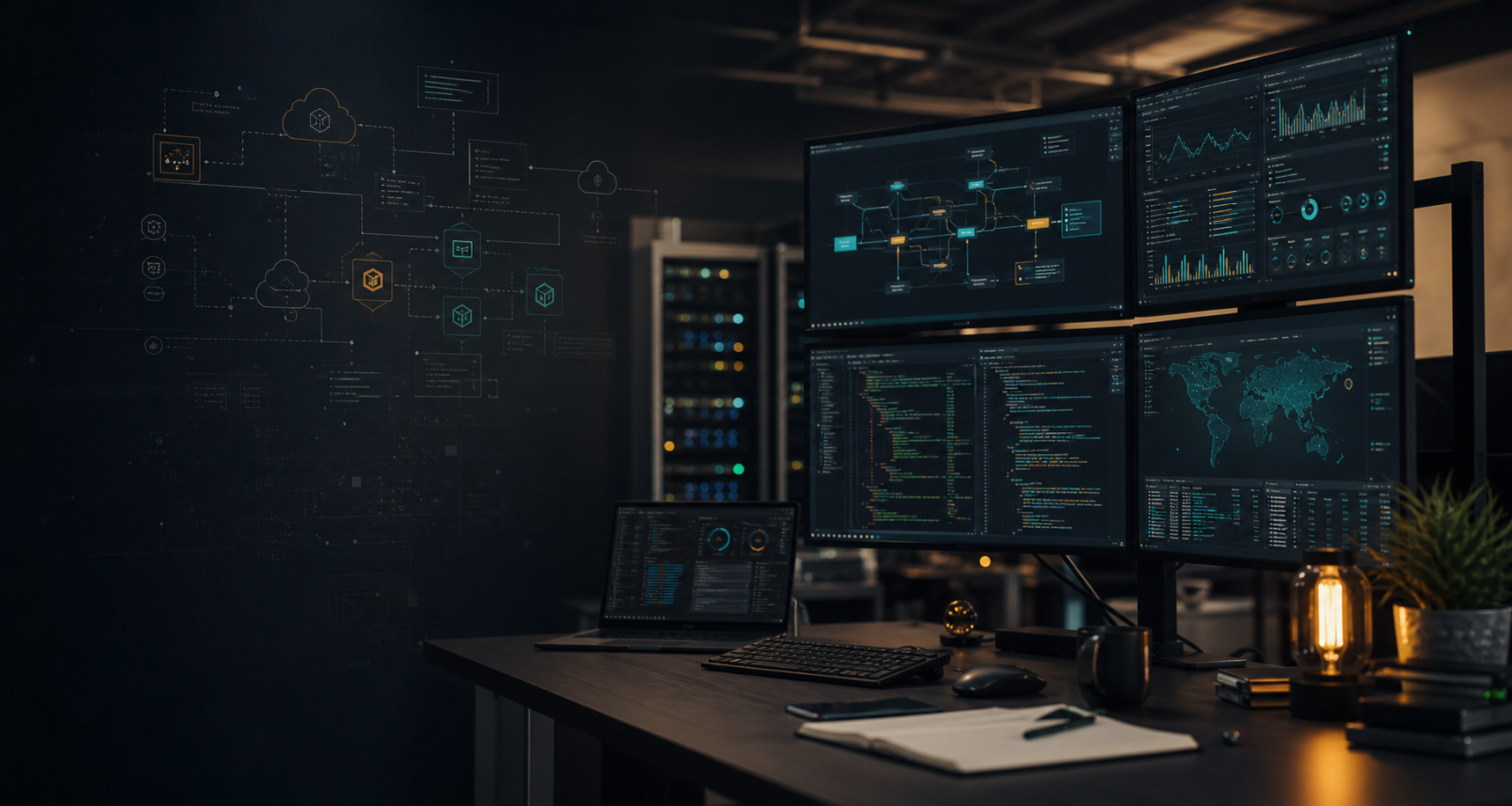 Engineering workspace with monitoring charts and system diagrams